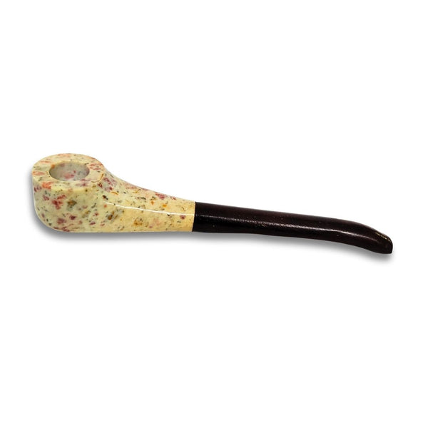 Tobacco pipe with decorative stone-like top and dark wooden handle on a white background