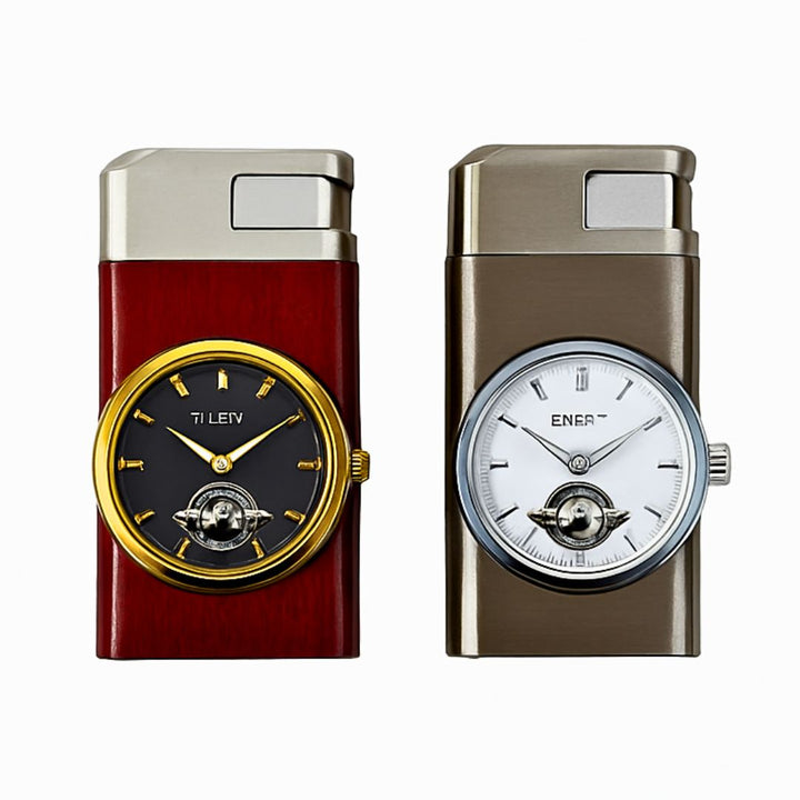 Two lighters with clock faces on a white background