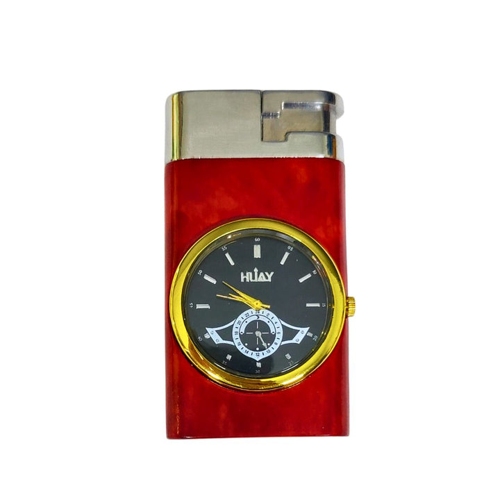 Red lighter with a clock face and 'HLY' branding on a white background