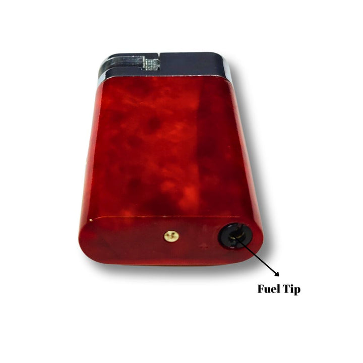 Red fuel tank with a fuel tip labeled on a white background