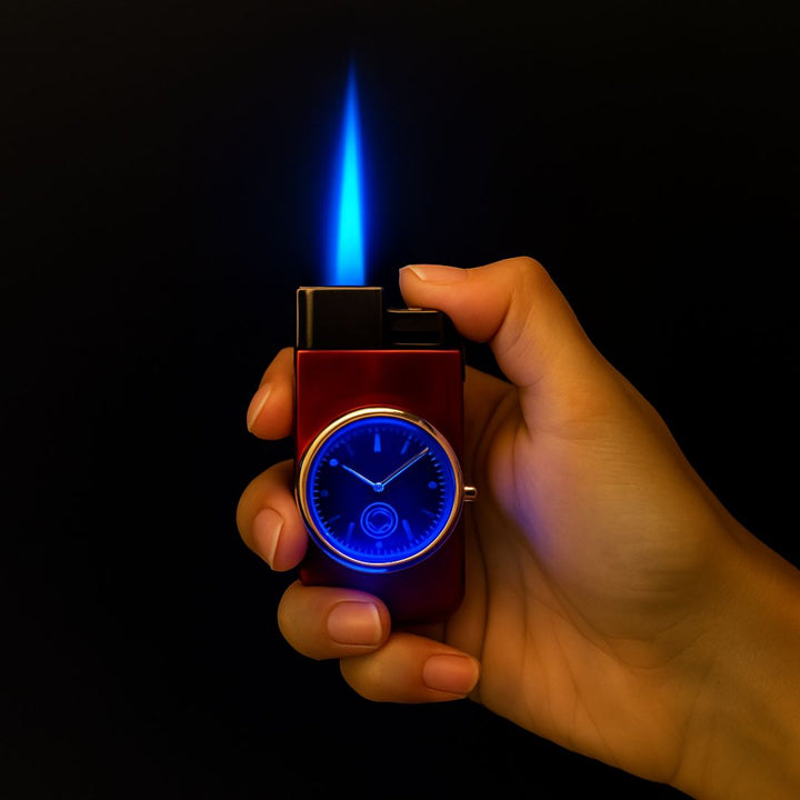 Hand holding a lighter with a blue flame against a black background