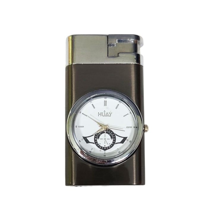 Cigarette lighter with a clock face and 'HUAY' branding on a white background