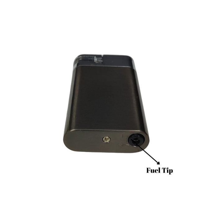 Black electronic device with a fuel tip labeled on a white background