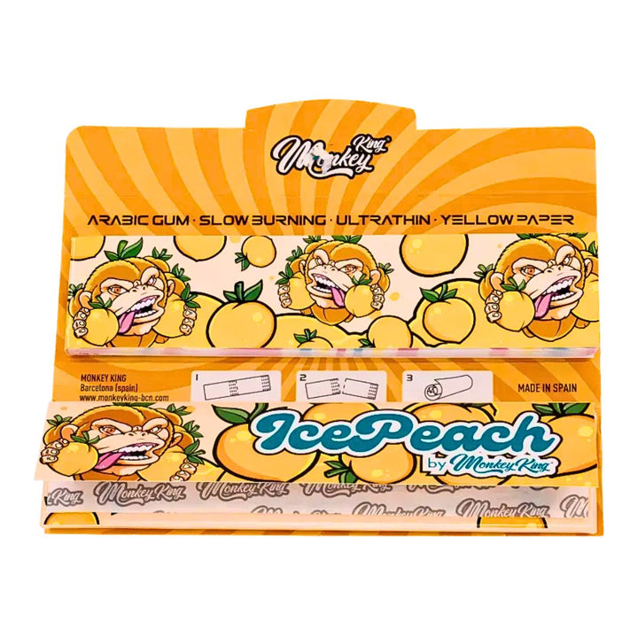 Pack of rolling paper with 'Ice Peach' flavor and 'Monkey' branding on a white background