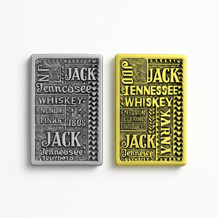 Two playing card decks, one silver and one yellow, with 'Jack Daniel's Tennessee Whiskey' branding.