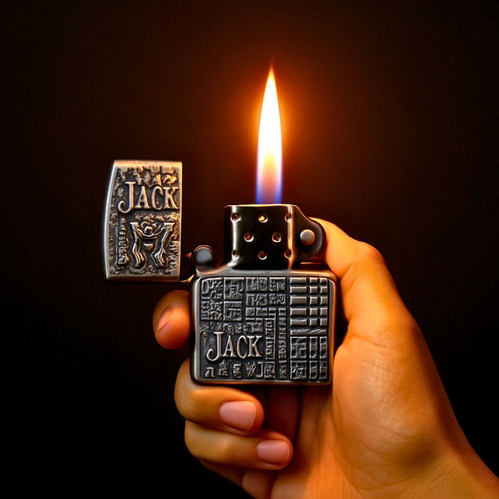 Hand holding a lit lighter with 'Jack' branding against a dark background
