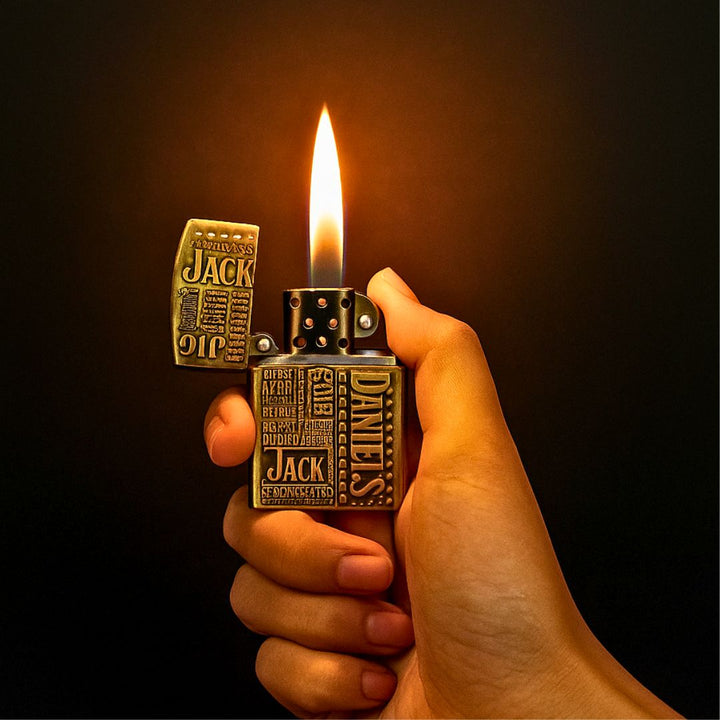 Hand holding a Jack Daniel's branded lighter with a lit flame against a dark background