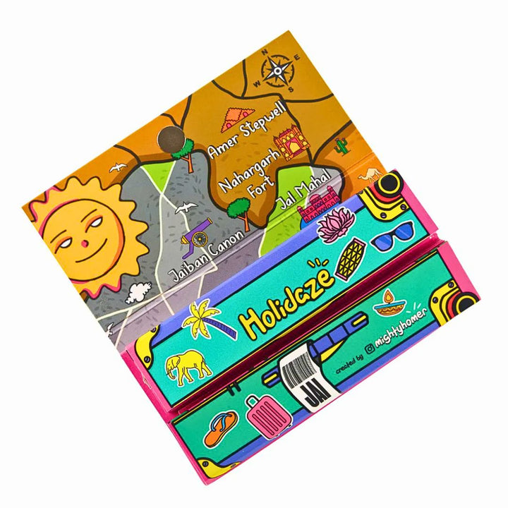 Colorful Rolling Paper packaging with travel-themed illustrations and text on a white background