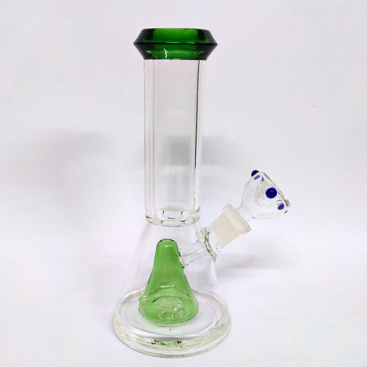 Glass bong with green accents on a white background