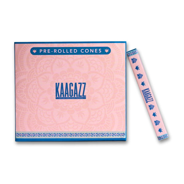 KAAGAZZ pre-rolled cones packaging with pink and blue design on a white background