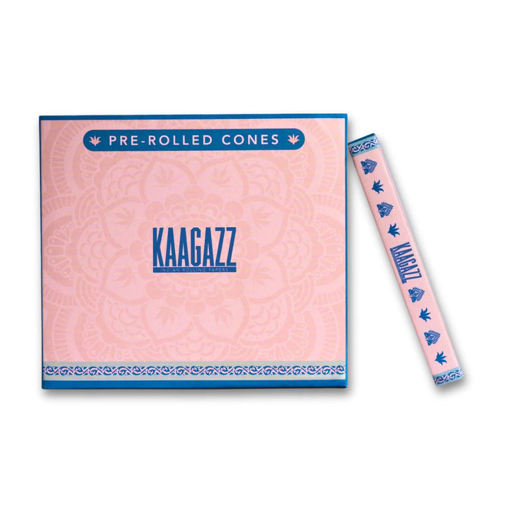 KAAGAZZ pre-rolled cones packaging with pink and blue design on a white background