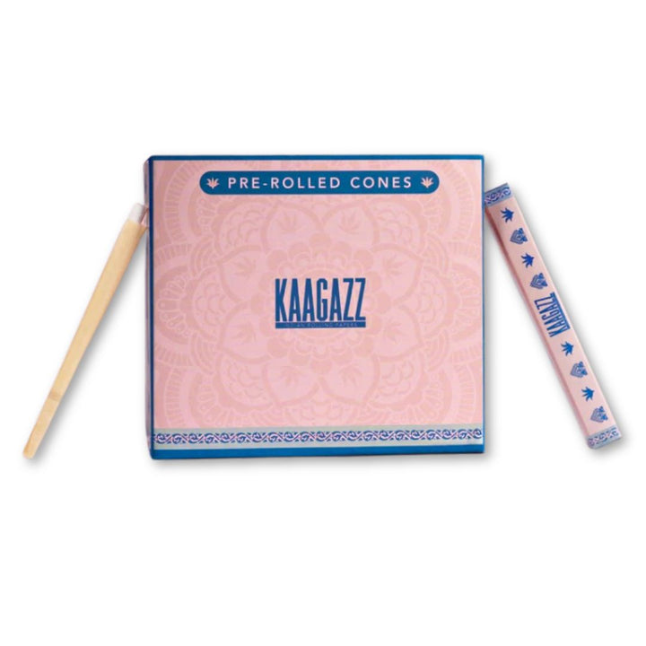 Pink packaging of 'KAAGAZZ' pre-rolled cones with a stick on a white background