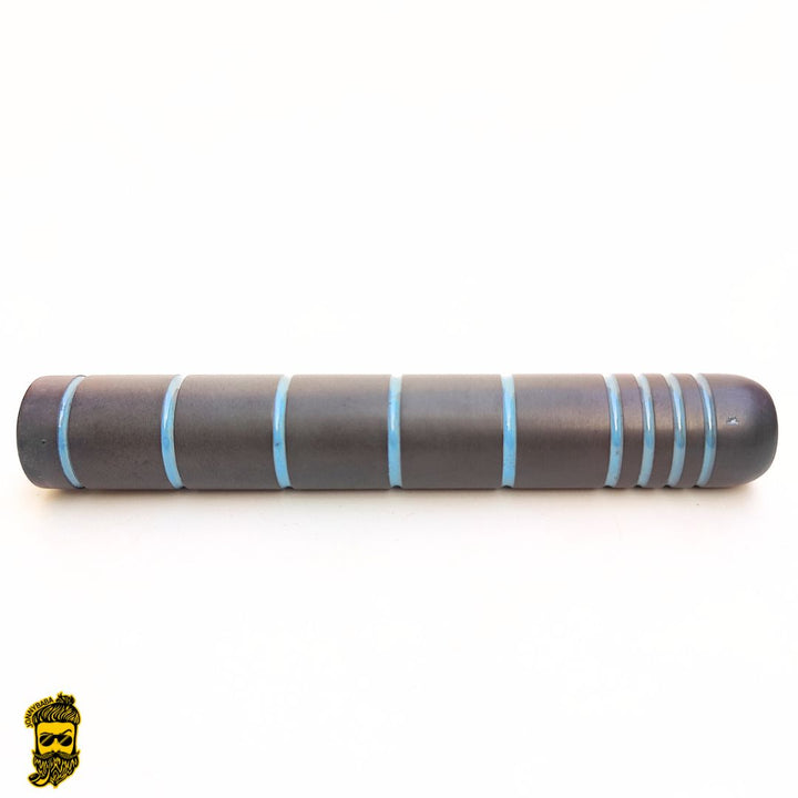 Kaio chillum pipe with alternating black and blue stripes on a white background