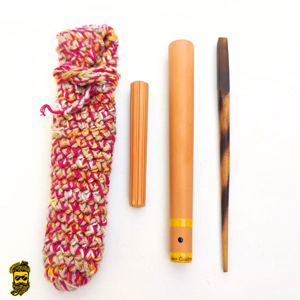 Kaio Italian chillum pipe with  wood cleaning stick and cover on a white background