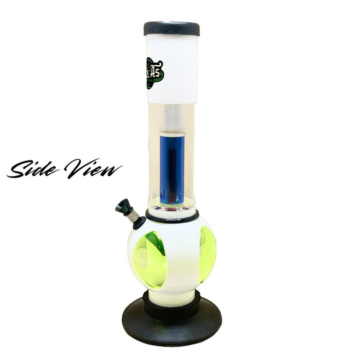 plastic water bong with a white base, green accents, and blue interior on a white background.