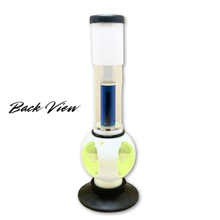 acrylic bong  with a white top, blue middle, and green base on a white background.