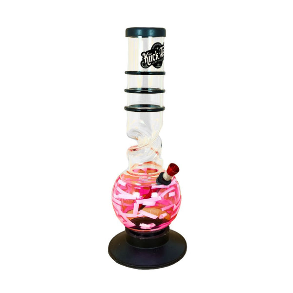Pink and clear plastic bong with black base on a white background
