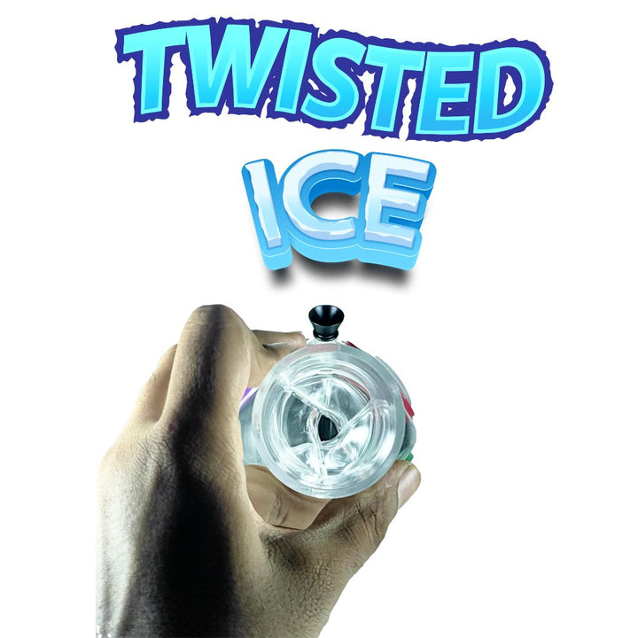 Hand holding glass bong cream cone with 'Twisted Ice' text above