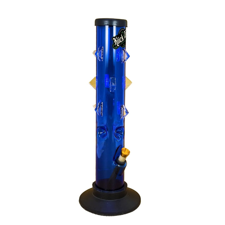 Blue cylindrical bong with multiple perches on a white background