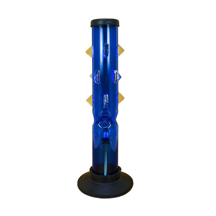 Blue cylindrical bong with textured surface on a white background