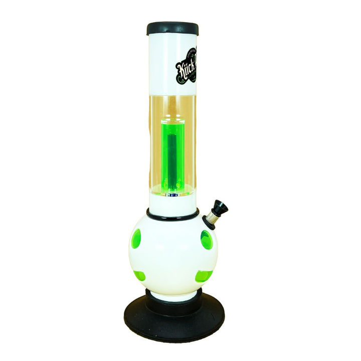 Glass Plastic bong with green accents on a white background