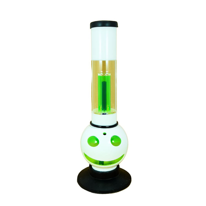 Plastic bong with a white base, black top, and green accents on a white background