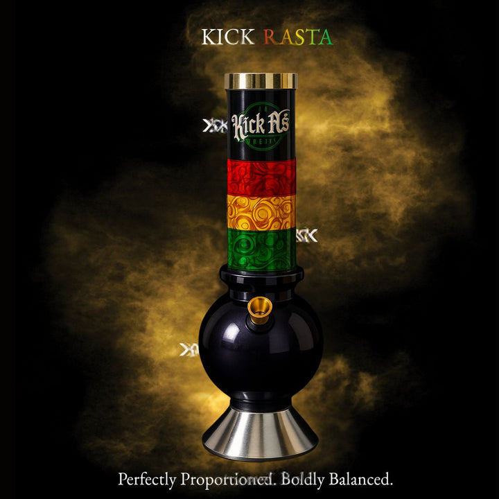 Rasta-themed bong with 'Kick Rasta' branding on a dark background