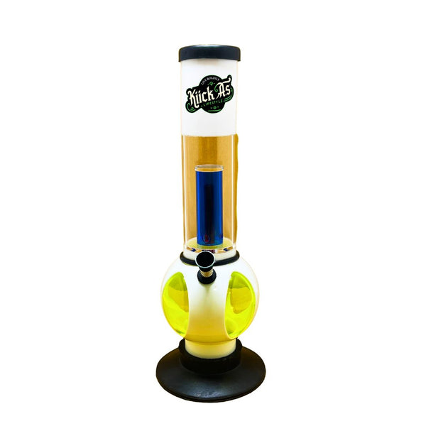 Bong with a white base, yellow middle section, and black top on a white background