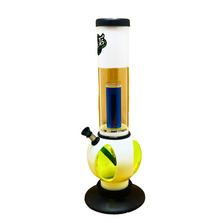 Glass smoking device with a white top and black base on a white background