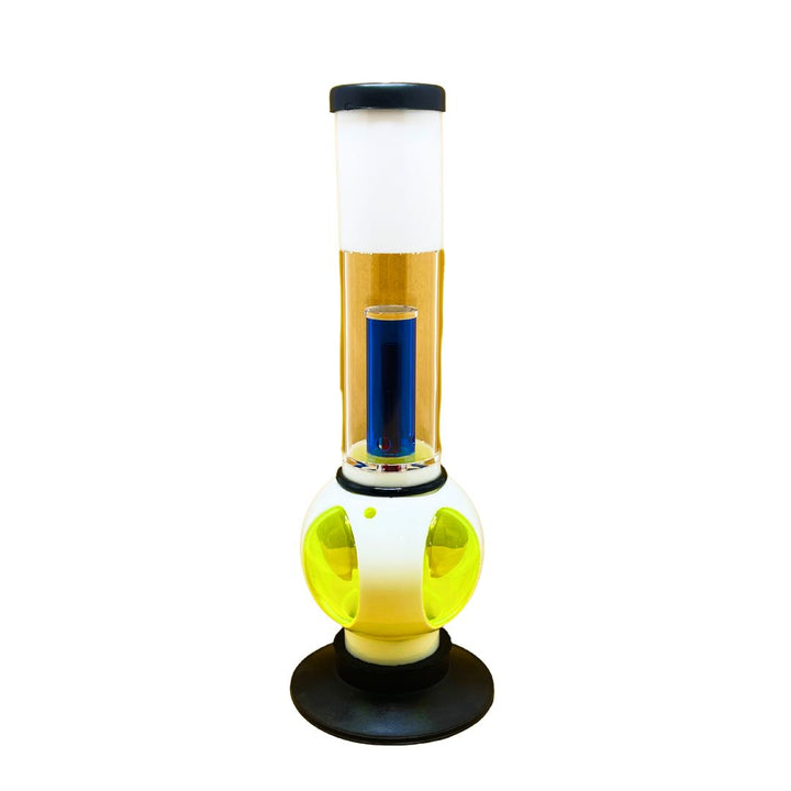 Colorful cylindrical object with a white top, yellow middle, and black base on a white background