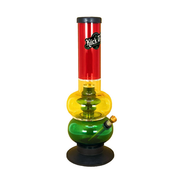 Colorful glass Bong with a red top, yellow middle, and green base on a white background.
