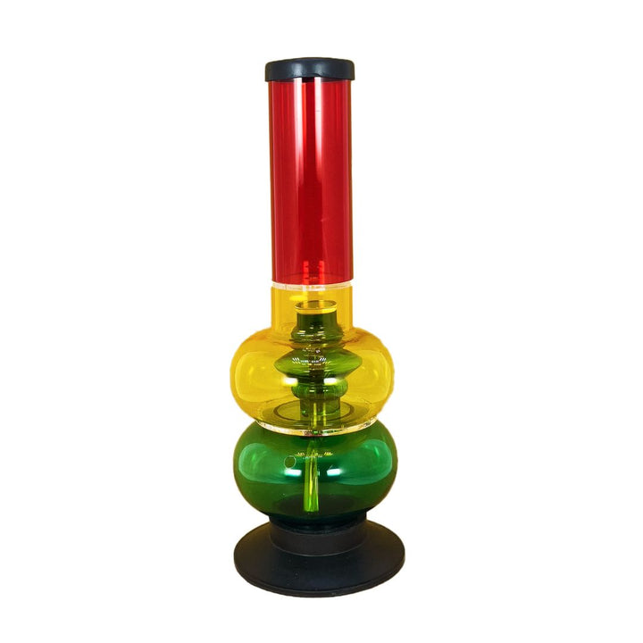 Colorful glass bong with red, yellow, and green sections on a white background