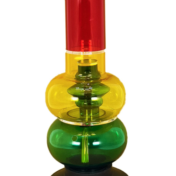 Colorful bong with red, yellow, and green sections on a white background