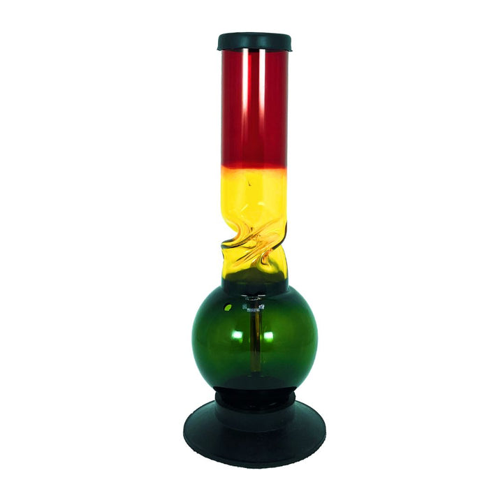 Colorful Plastic bong with red, yellow, and green sections on a white background