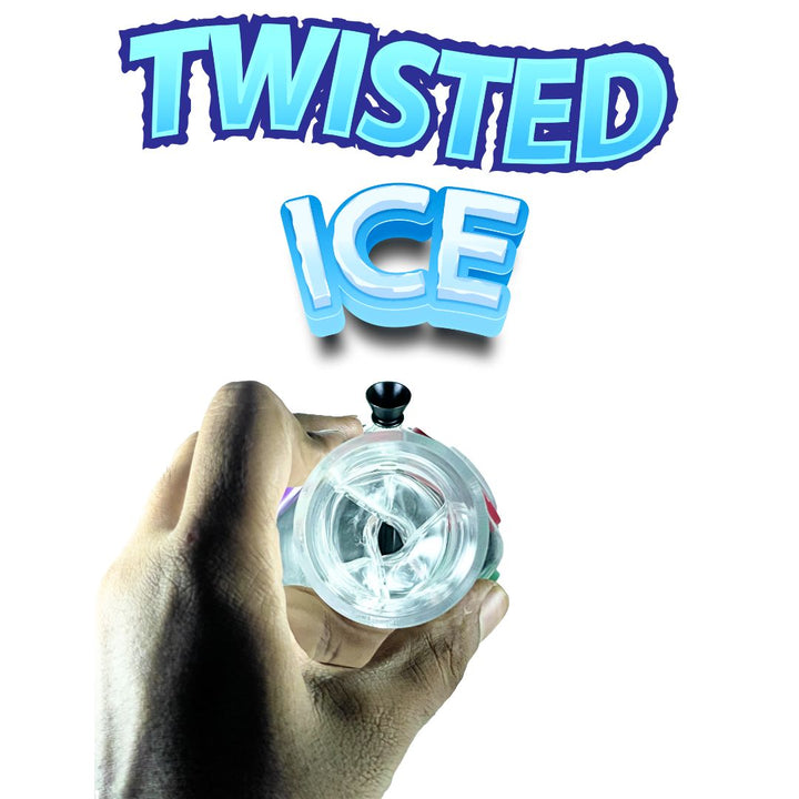 Hand holding a clear bong  with 'Twisted Ice' text above