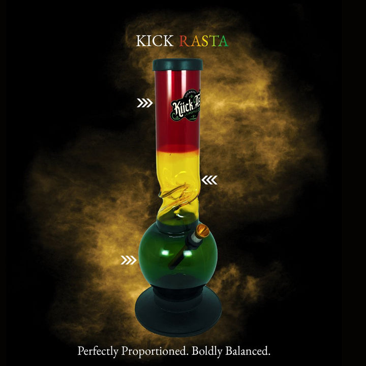 Colorful bong with 'Kick Rasta' branding on a dark background