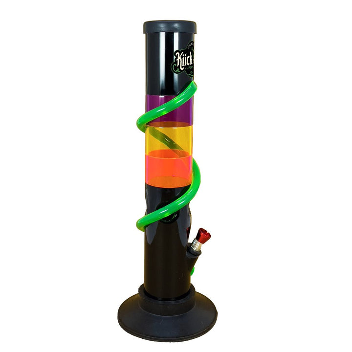 Colorful Plastic bong with rainbow design and black base on a white background