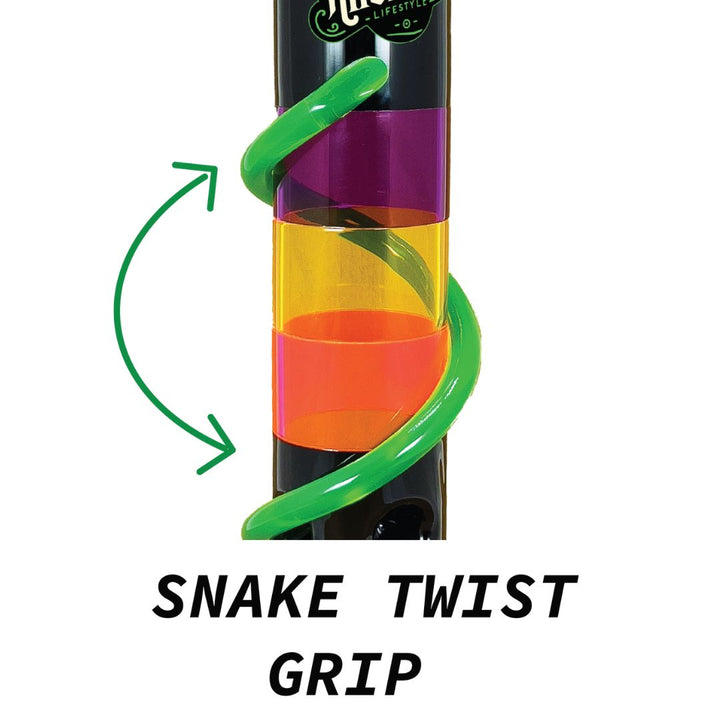 Colorful Bong with grip on a white background with text indicating the feature.