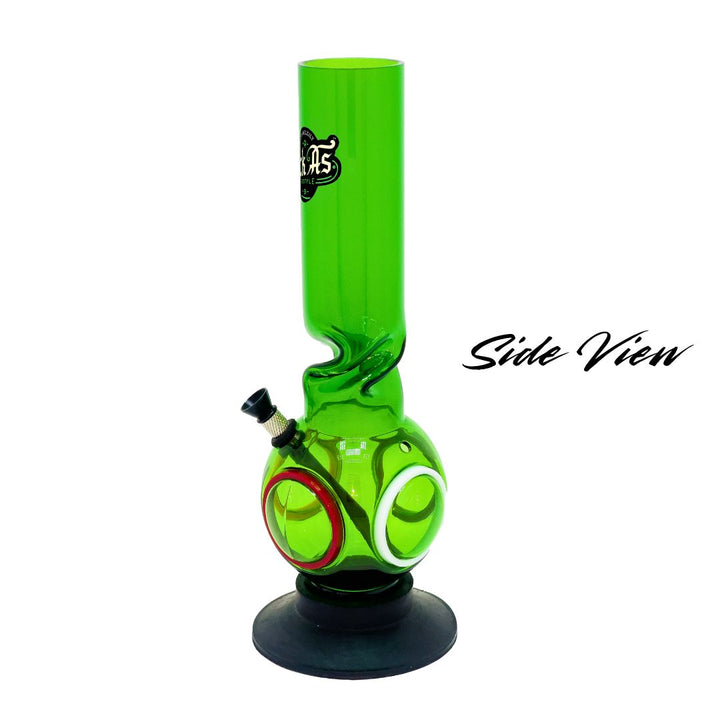 Green acrylic bong with a logo on a white background
