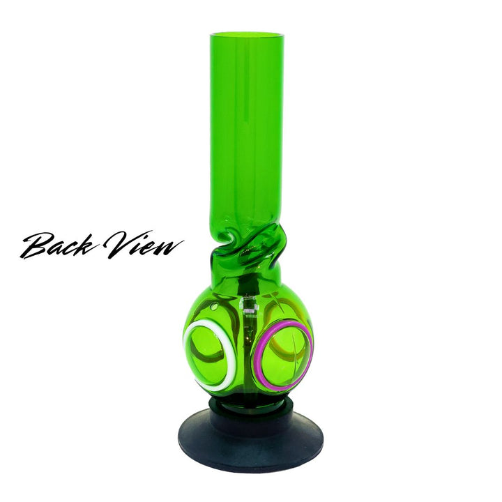 Green acrylic smoking bong with colorful design on a white background