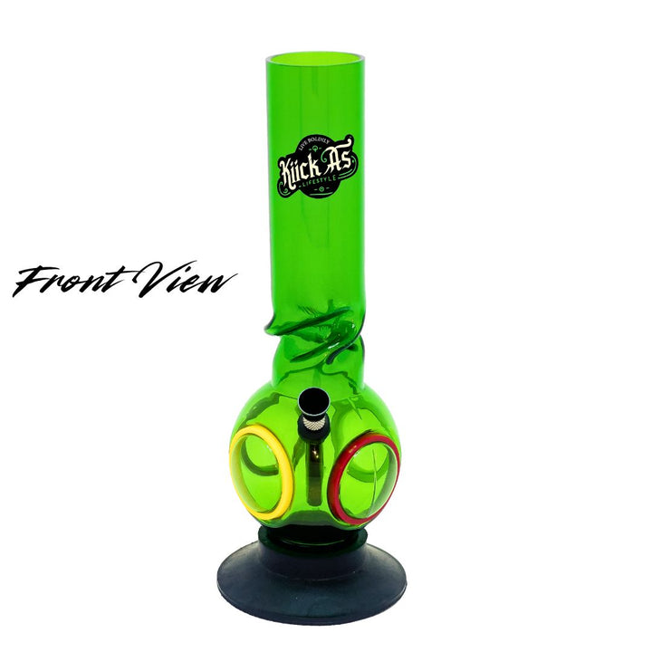 Green glass smoking device with 'Kick Ass' label on a white background