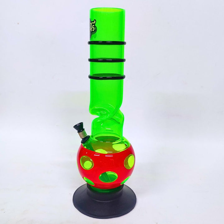 Glass smoking device with green spiral and red base on a white background