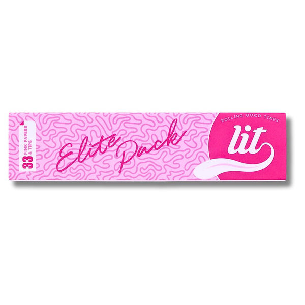Pink rolling paper pack with 'Elite Pack' and 'lit' branding on a white background