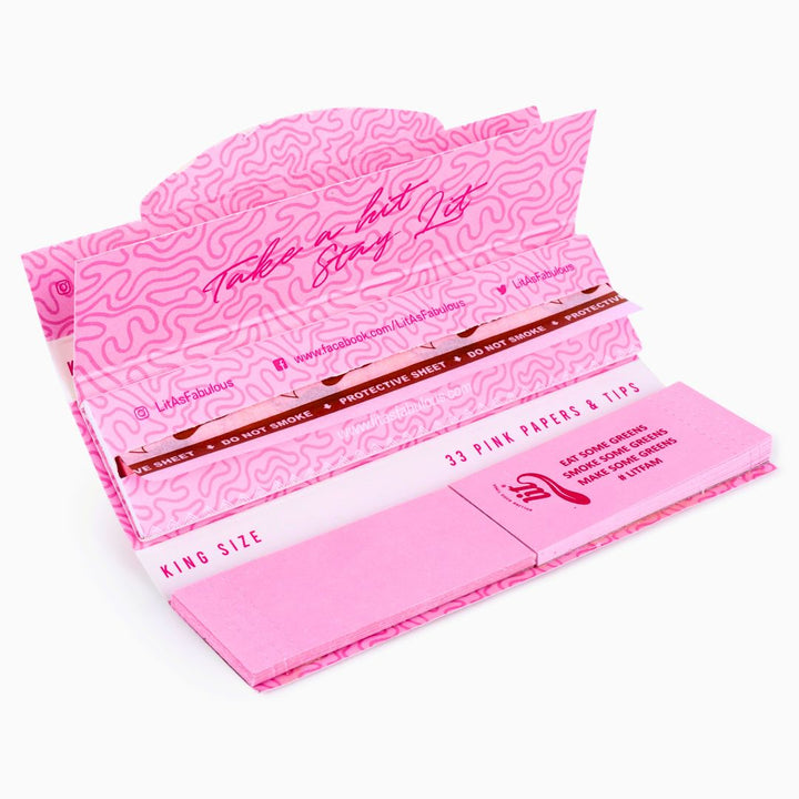 Pink rolling paper set with branding on a white background