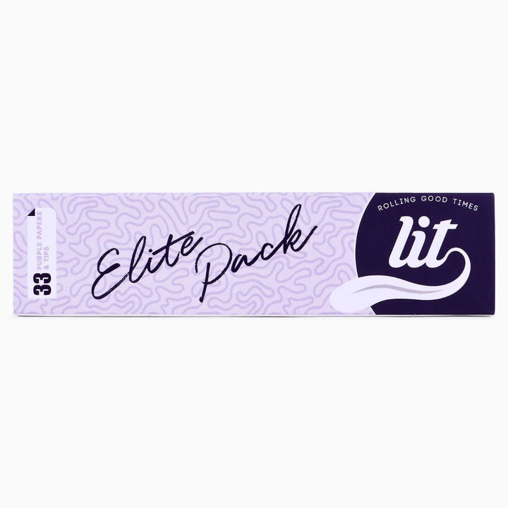 Lit rolling paper pack with 'Elite Pack' text on a white background