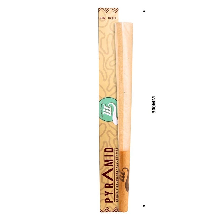 pre rolled cone with 'Pyramid' branding and measurement details on a white background