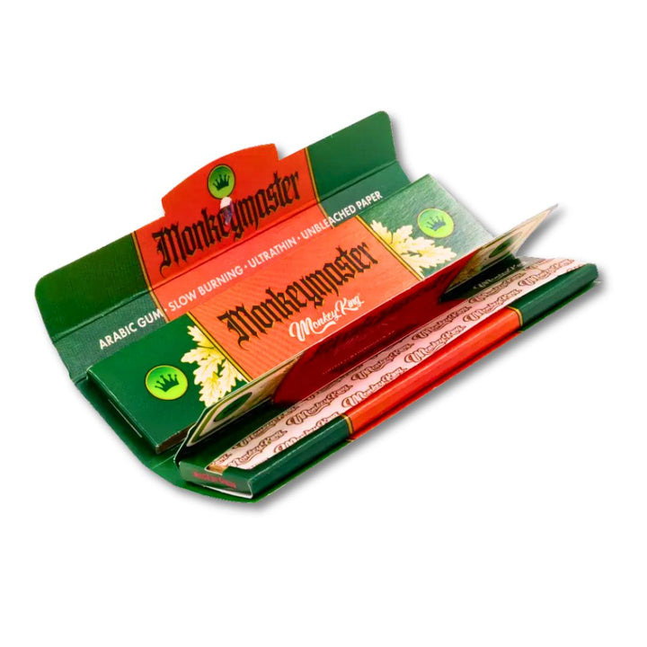Monkeymaster rolling paper set with green and red packaging on a white background