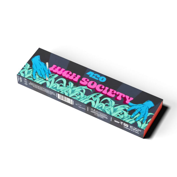 Box labeled 'High Society' with cannabis leaf graphics on a white background