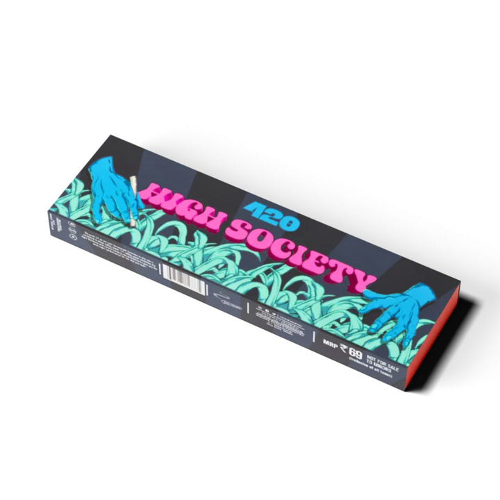 Box labeled 'High Society' with cannabis leaf graphics on a white background