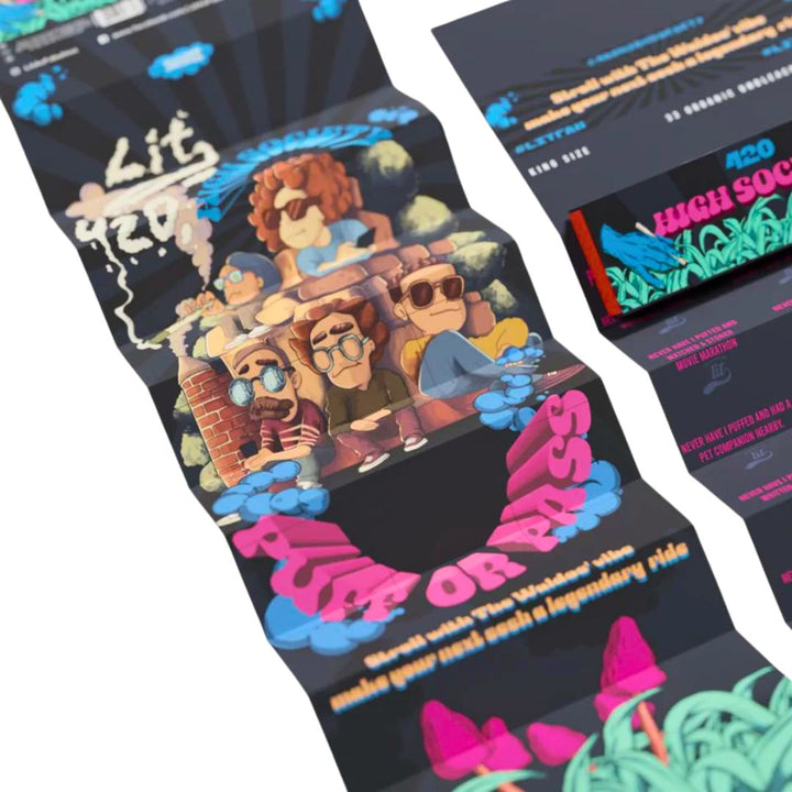 Colorful Rolling Paper  packaging with cartoon characters and text on a white background